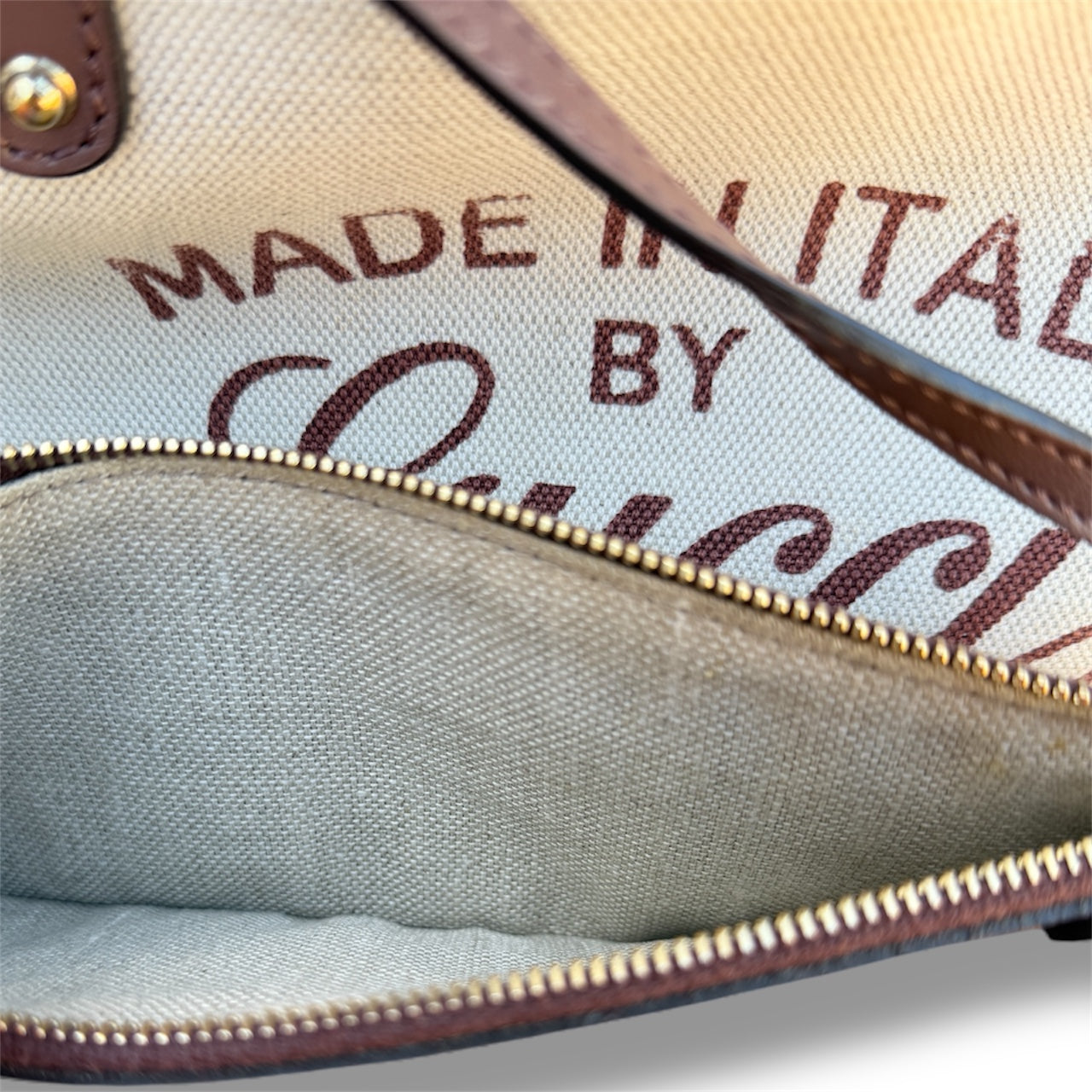 Gucci Beige Canvas Logo Craft Tote Bag